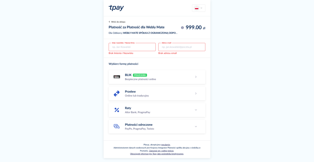 Płatność w panelu tpay - pay by link